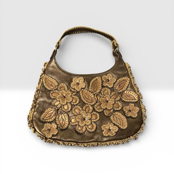 Isabella Fiore Handbags - Vintage Rare Isabella Fiore Gold Leather Satchel Shoulder Bag  with Beaded Trim